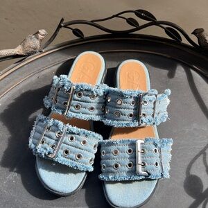 Ganni Blue Denim Slide Buckles Sandals